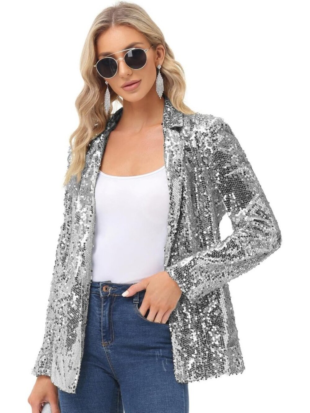 Sparkly Sequin Open Front Blazer Jacket for Women - Casual Long Sleeve Coat with